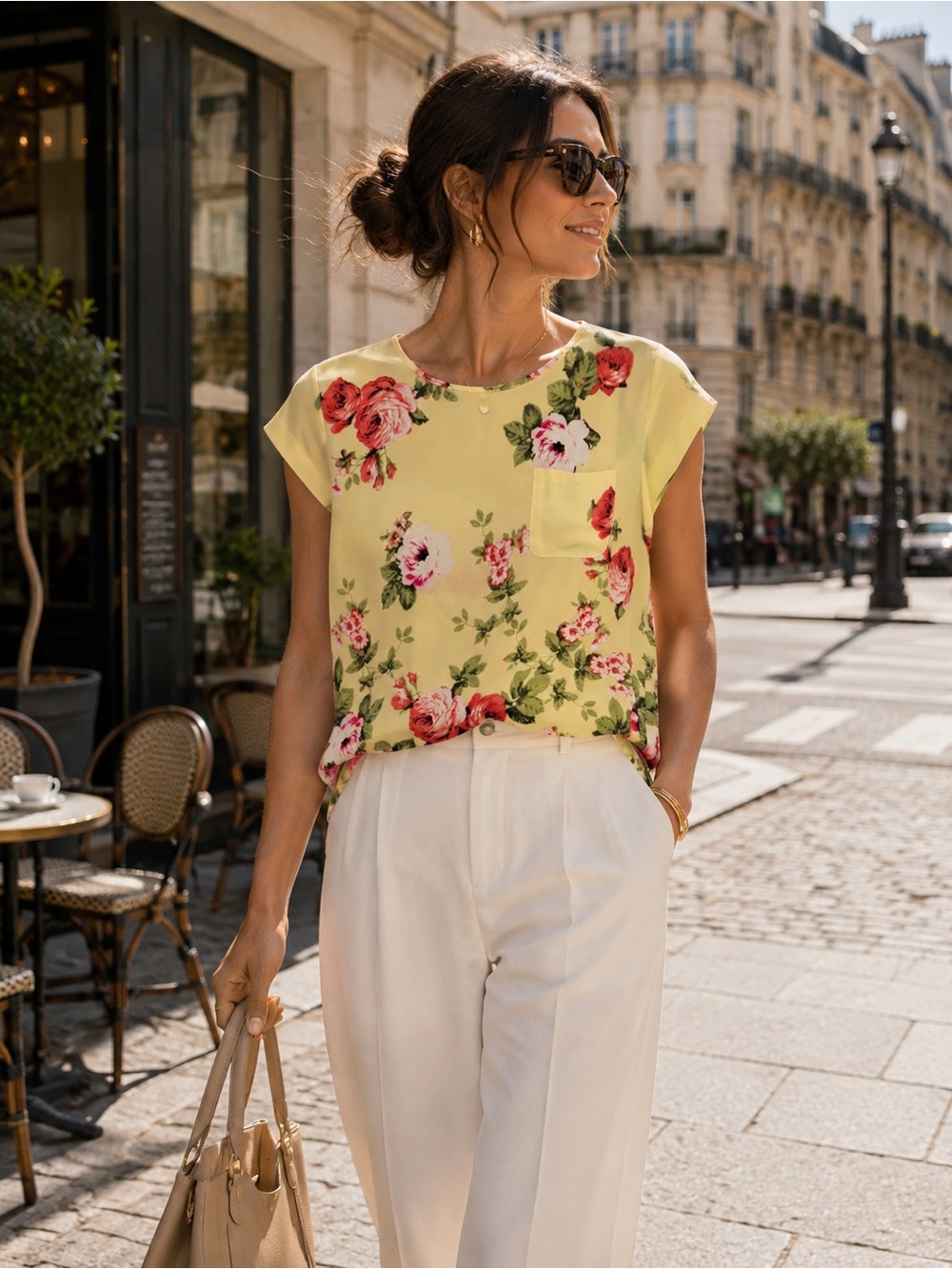 Lily White Yellow Floral Blouse – Short Sleeve Sheer Top – Size L